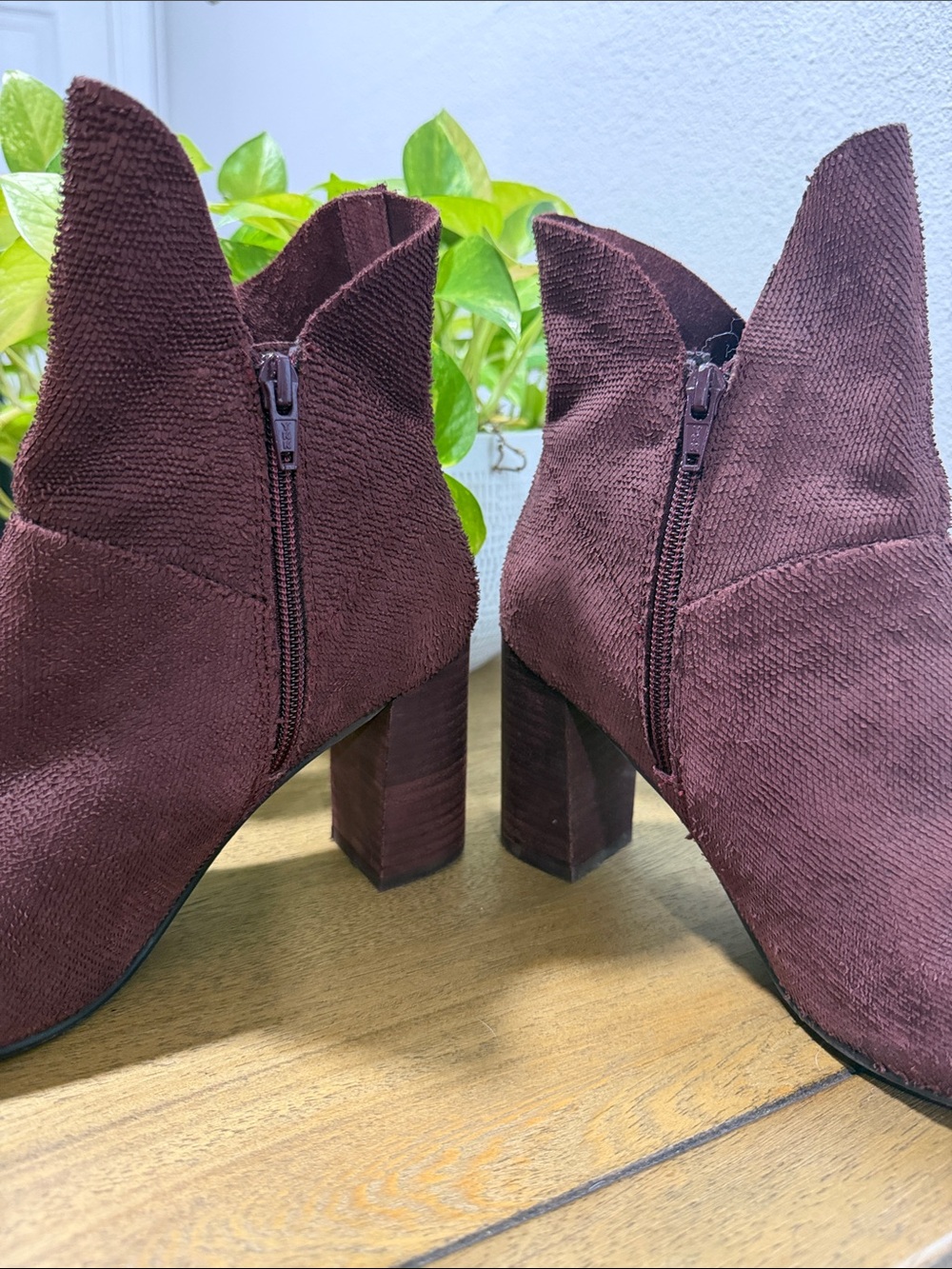 Seychelles Suede Textured Tulip Topline- Block Heel Ankle Boots - Burgundy - Picture 4 of 6